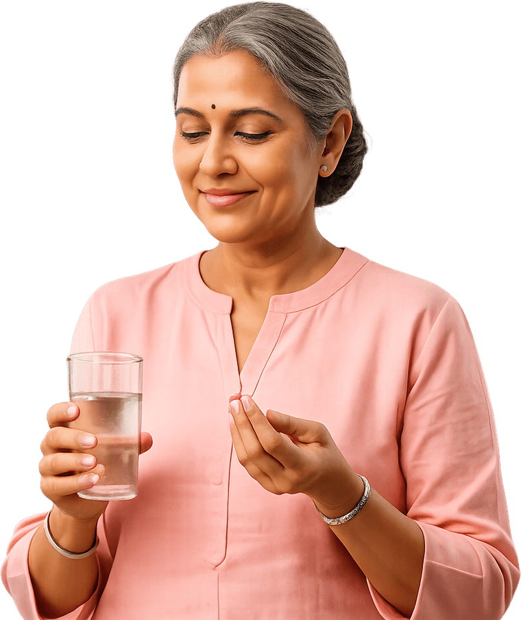 Woman taking an OXEMIA tablet with a glass of water