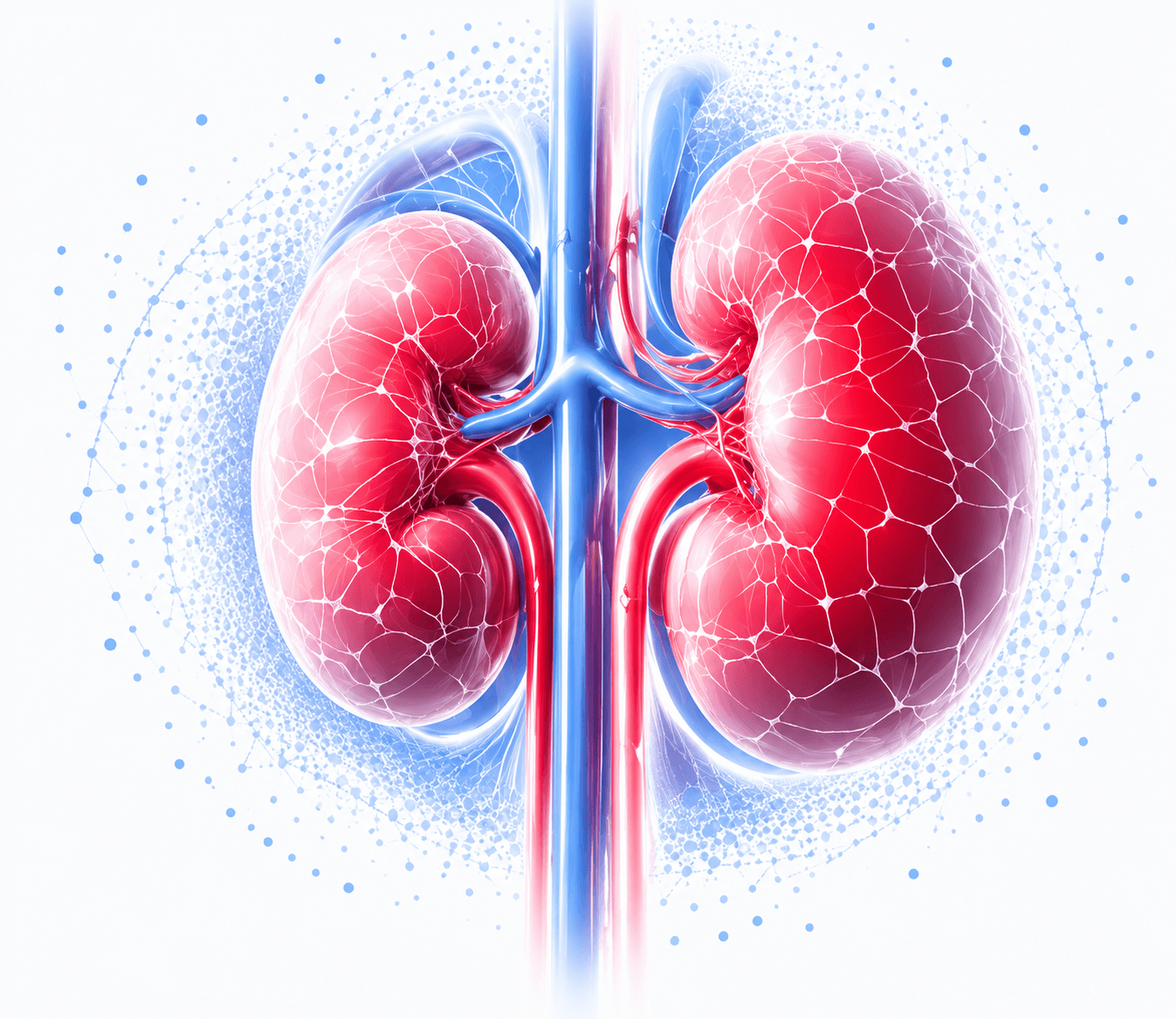 Anatomical illustration of human kidneys with a data network overlay